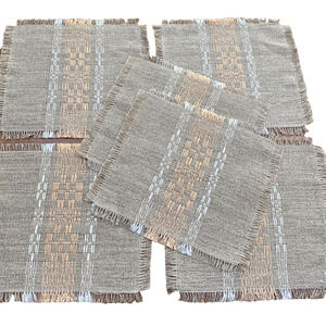 Set of 6 Woven Cocktail Napkins Doilies Tan Peach White Unfinished Fringed Edge